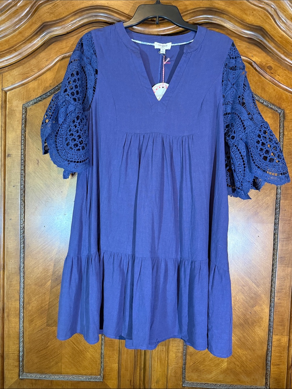 Umgee Navy Blue Crochet Sleeve Boho Dress